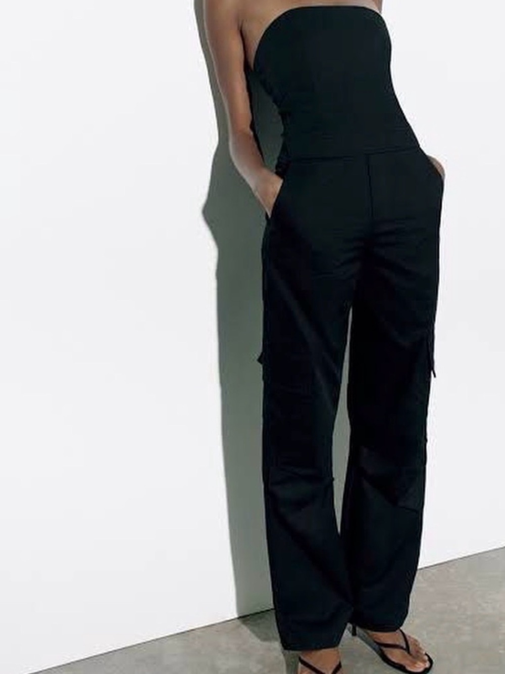 Zara Strapless Cargo Jumpsuit Women Size Medium Black Pockets Side Zip Modern